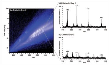 Image of Three-dimensional ion mobility-mass spectrum of diabetic rat wound fluid collected two days after sponge implantation