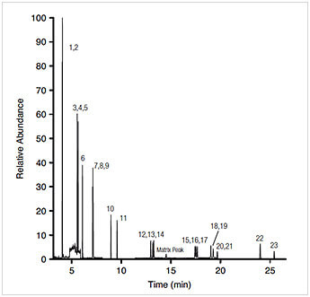 Figure 2a: SIM chromatogram of 18 PAHs in soil matrix solution at 500 ng/mL