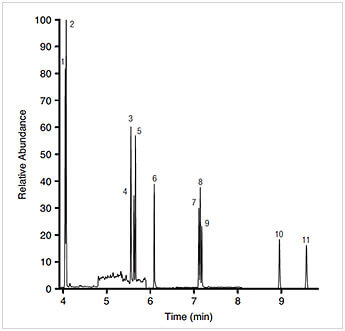 Figure 2b: Expanded SIM chromatogram of 18 PAHs in soil matrix solution at 500 ng/mL
