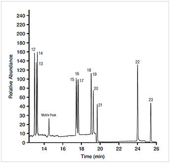 Figure 2c: Expanded SIM chromatogram of 18 PAHs in soil matrix solution at 500 ng/mL